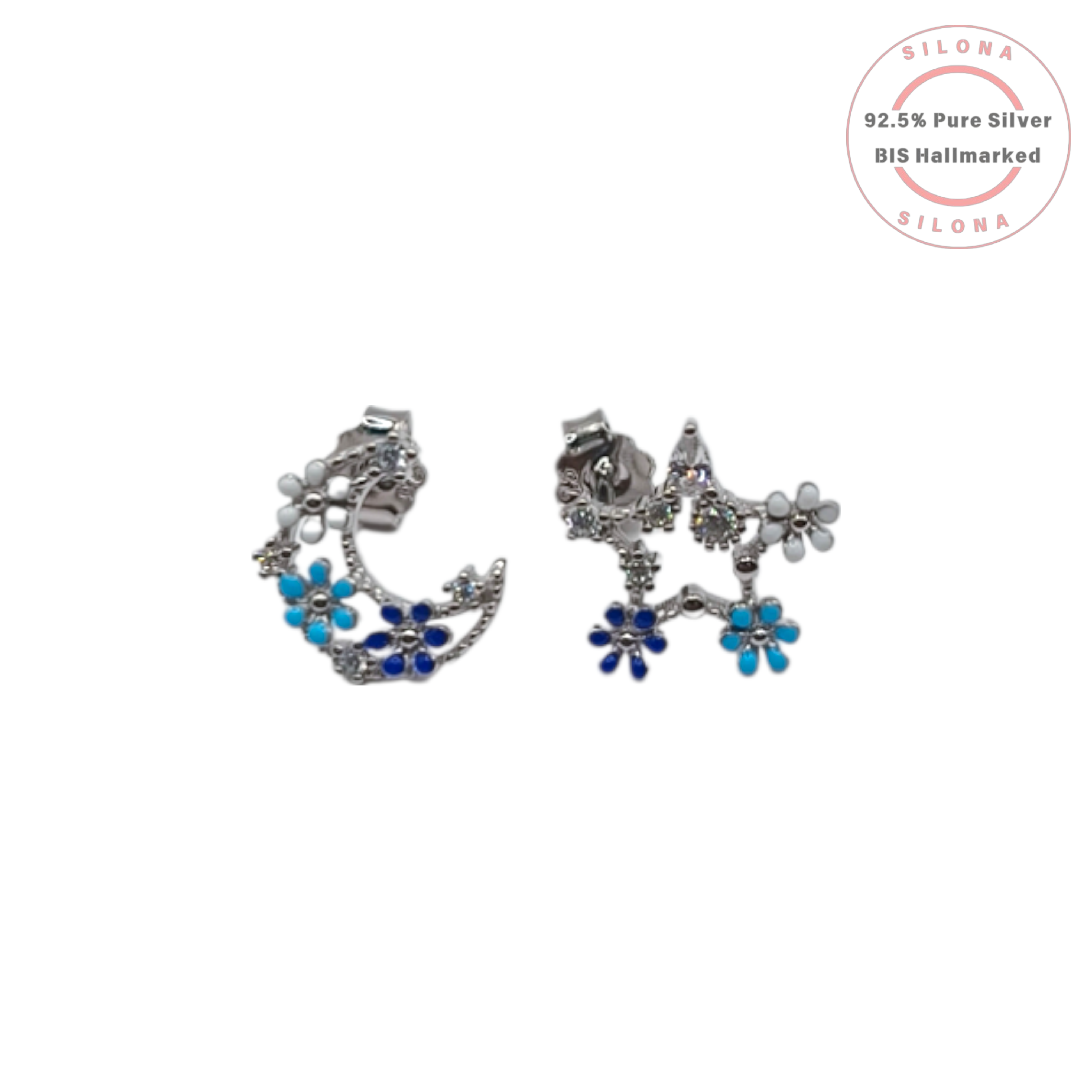 Asymmetrical Floral Moon Stud Earrings in 92.5 Silver with Blue and White Enamel detailing and cubic zirconia stones.